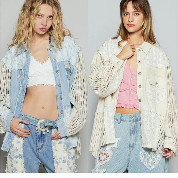 431 POL Balloon sleeve lace trim woven denim jacket -Denim Patchwork4 - Picture 5 of 5